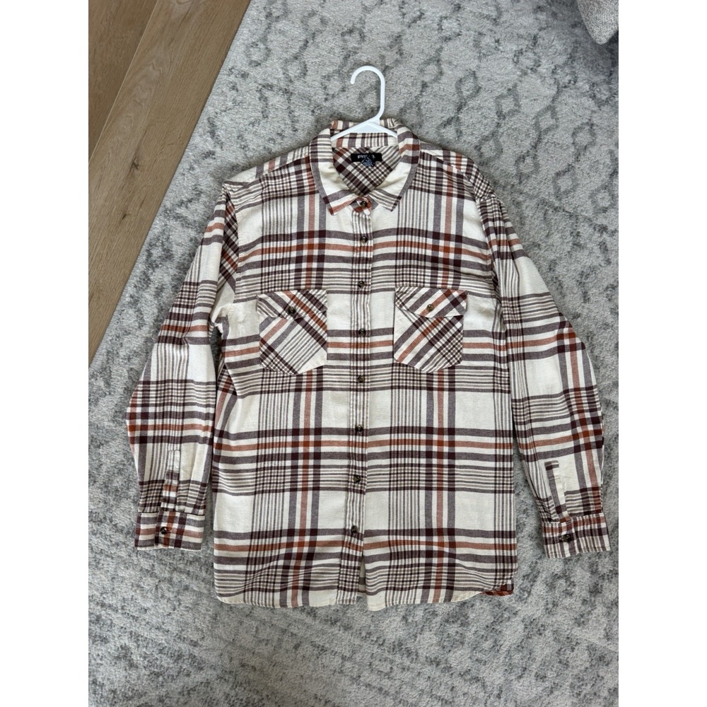 RSQ Womens Large Plaid Flannel Shirt Brown Cream Rust Cotton Button Up